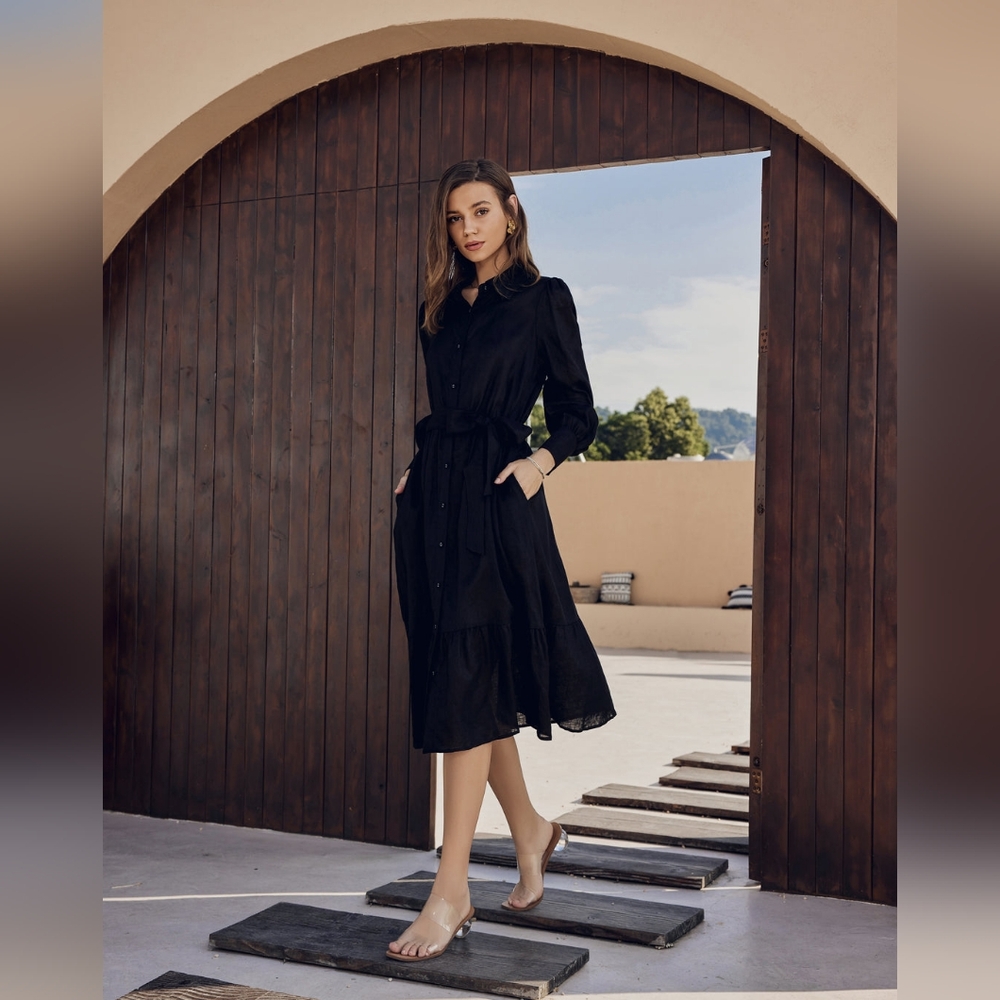 NWT - Flax-Linen Frieeah Black Midi Shirtdress with Pockets & Belt - Size XL - Picture 2 of 8